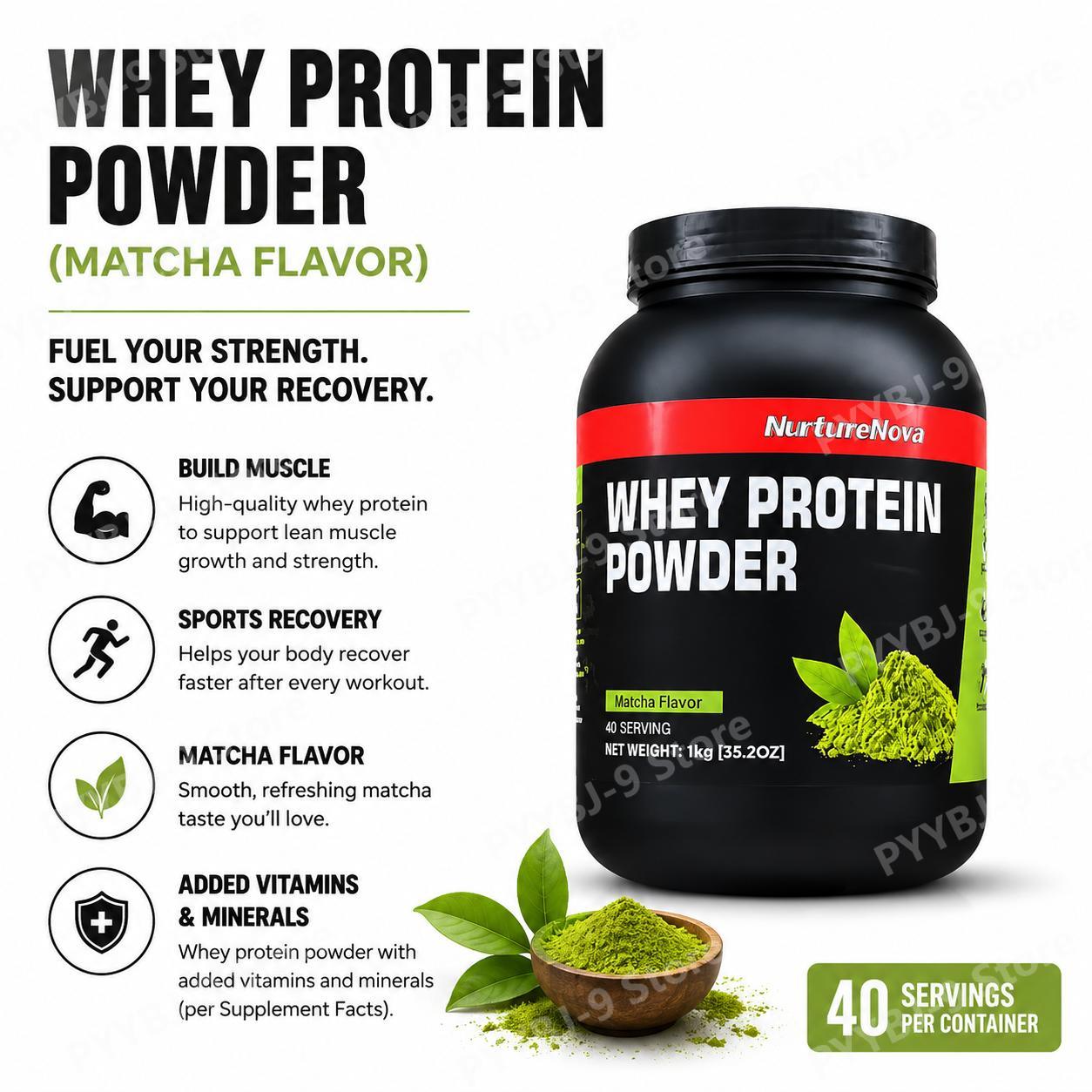 Nutrition Of Fitness - NurtureNova ホエイプロテインパウダー 抹茶風味 筋肉増強、スポーツリカバリー、フィットネストレーニングのための栄養補給 1KG 40食分