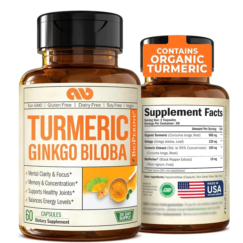 Turmeric Curcumin Capsule - オーガニックウコンクルクミンサプリメント、イチョウ葉とピペリン入りブラックペッパー配合、1本60カプセル入り、自然健康のために