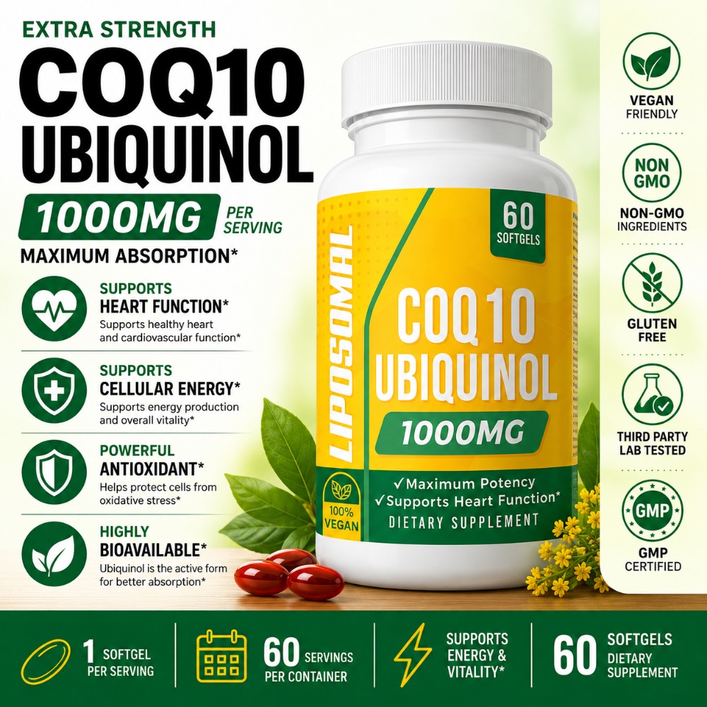 Coq10 Ubiquinol Softgel - CoQ10 ウビキノール 1000mg ヴィーガンソフトジェル 60粒入り、リポソーム高吸収コエンザイムQ10 心臓エネルギー、抗酸化、毎日のサポートに